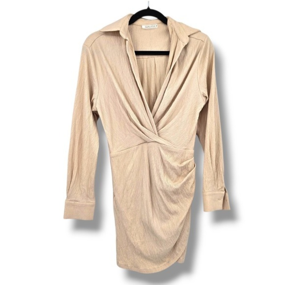 GALITA Mini Dress Shirt Dress Long Sleeve Twist‎ Front Collared Beige M
